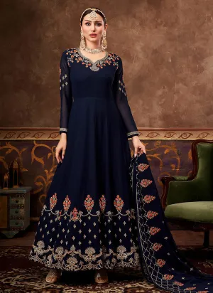 Dark Blue Traditional Embroidered Anarkali Suit