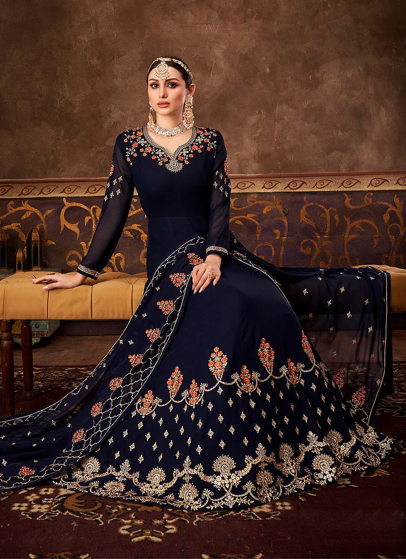Dark Blue Traditional Embroidered Anarkali Suit