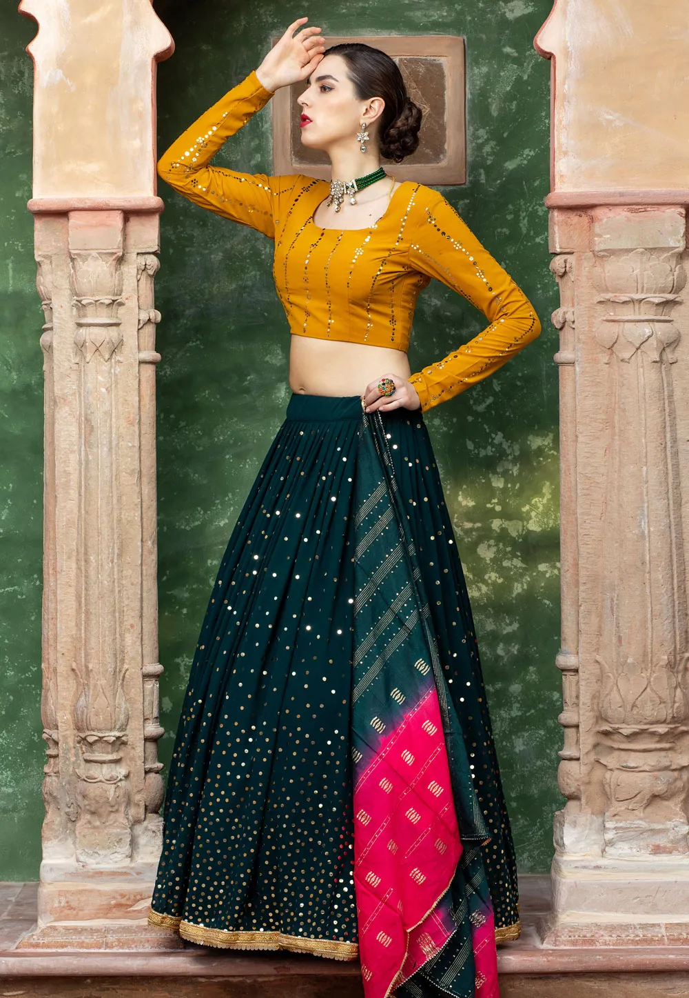 Dark Green And Yellow Multicoloured Embroidered Lehenga Choli