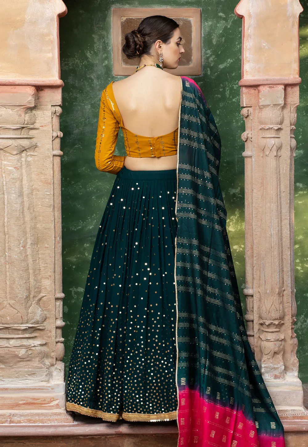 Dark Green And Yellow Multicoloured Embroidered Lehenga Choli