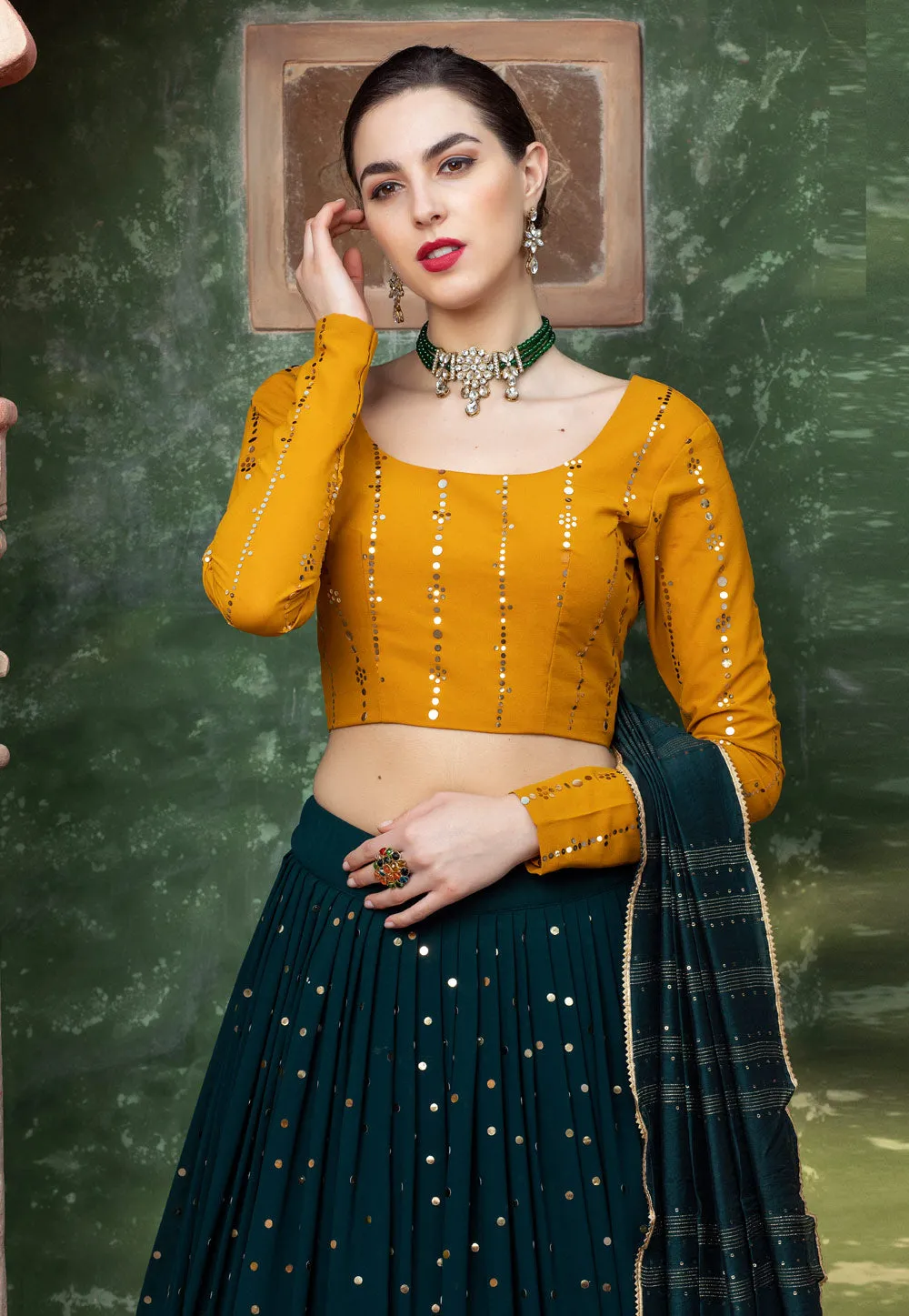 Dark Green And Yellow Multicoloured Embroidered Lehenga Choli
