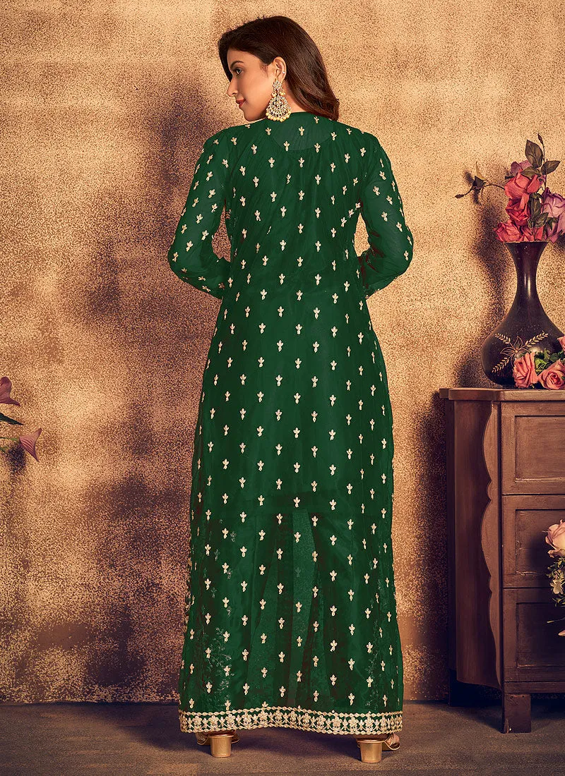 Dark Green Traditional Embroidered Jacket Style Pant Suit