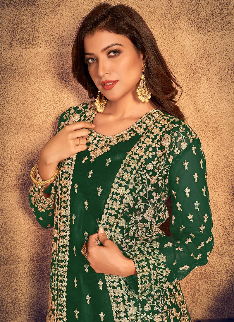 Dark Green Traditional Embroidered Jacket Style Pant Suit