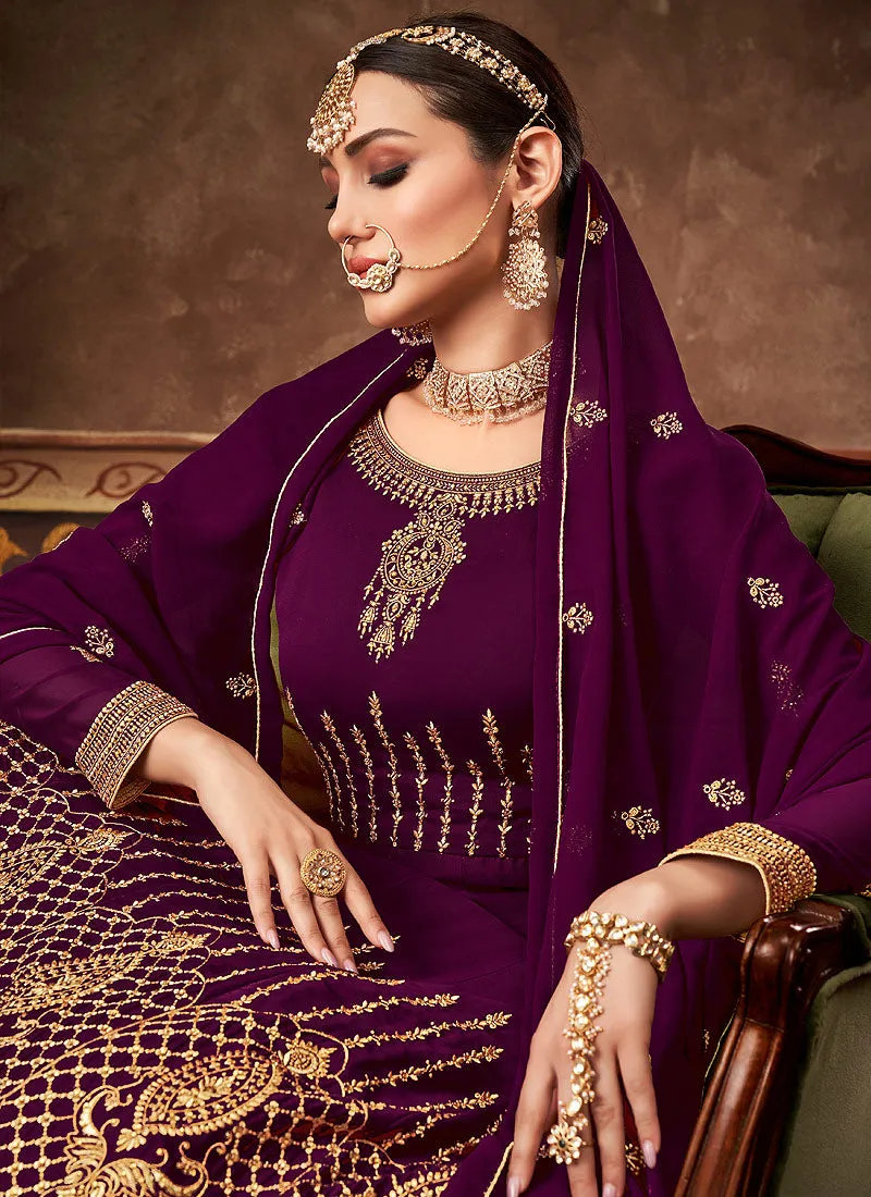 Deep Purple Traditional Embroidered Anarkali Suit