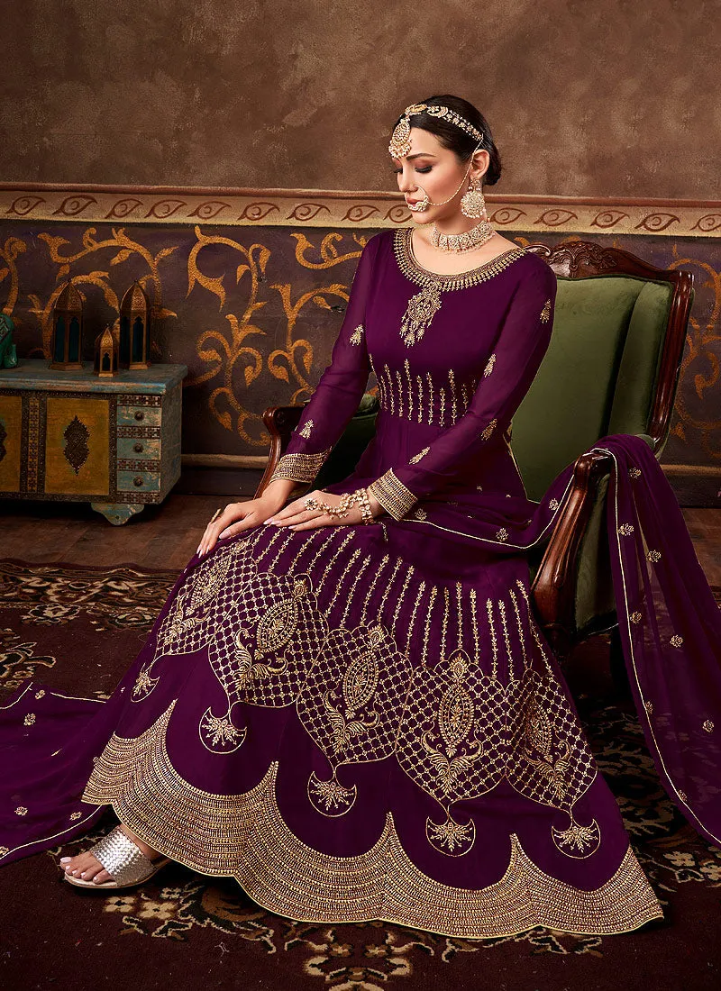 Deep Purple Traditional Embroidered Anarkali Suit