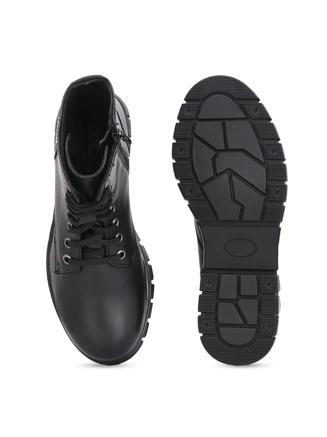Delize Women Block-Heeled Black Biker ankle derby Boots