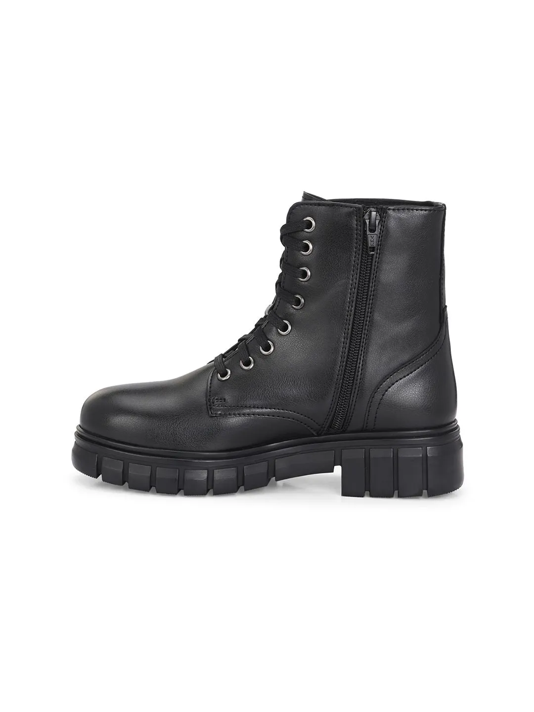 Delize Women Block-Heeled Black Biker ankle derby Boots