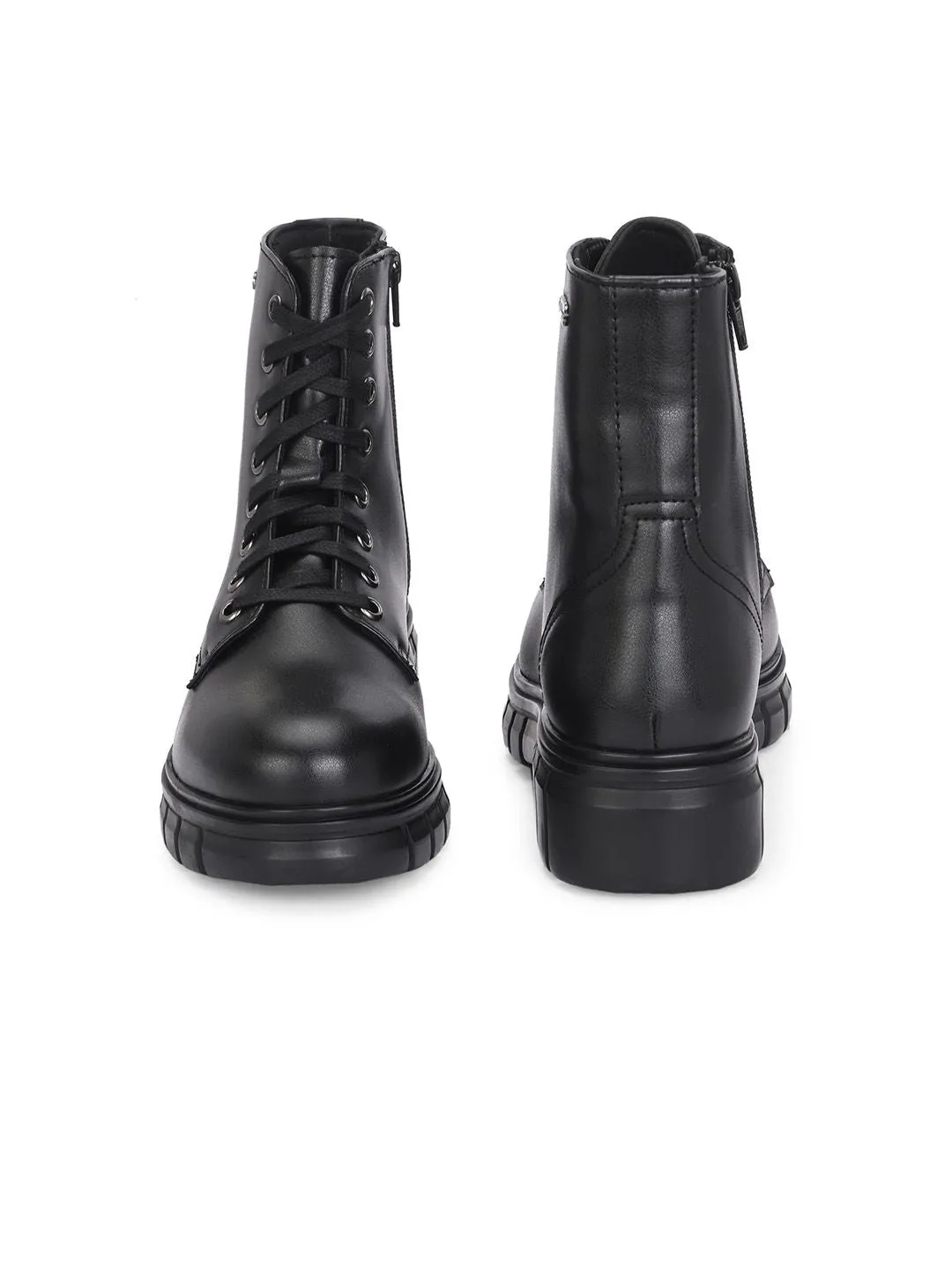 Delize Women Block-Heeled Black Biker ankle derby Boots
