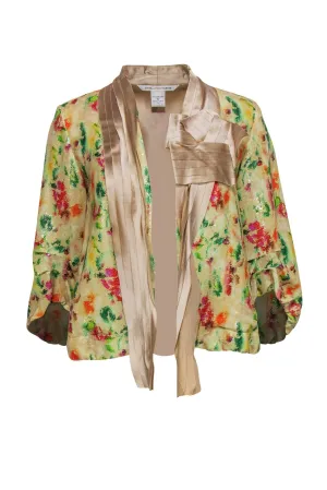Diane von Furstenberg - Yellow Sequin Floral Print Open Front Jacket w/ Pleated Lapels Sz 4