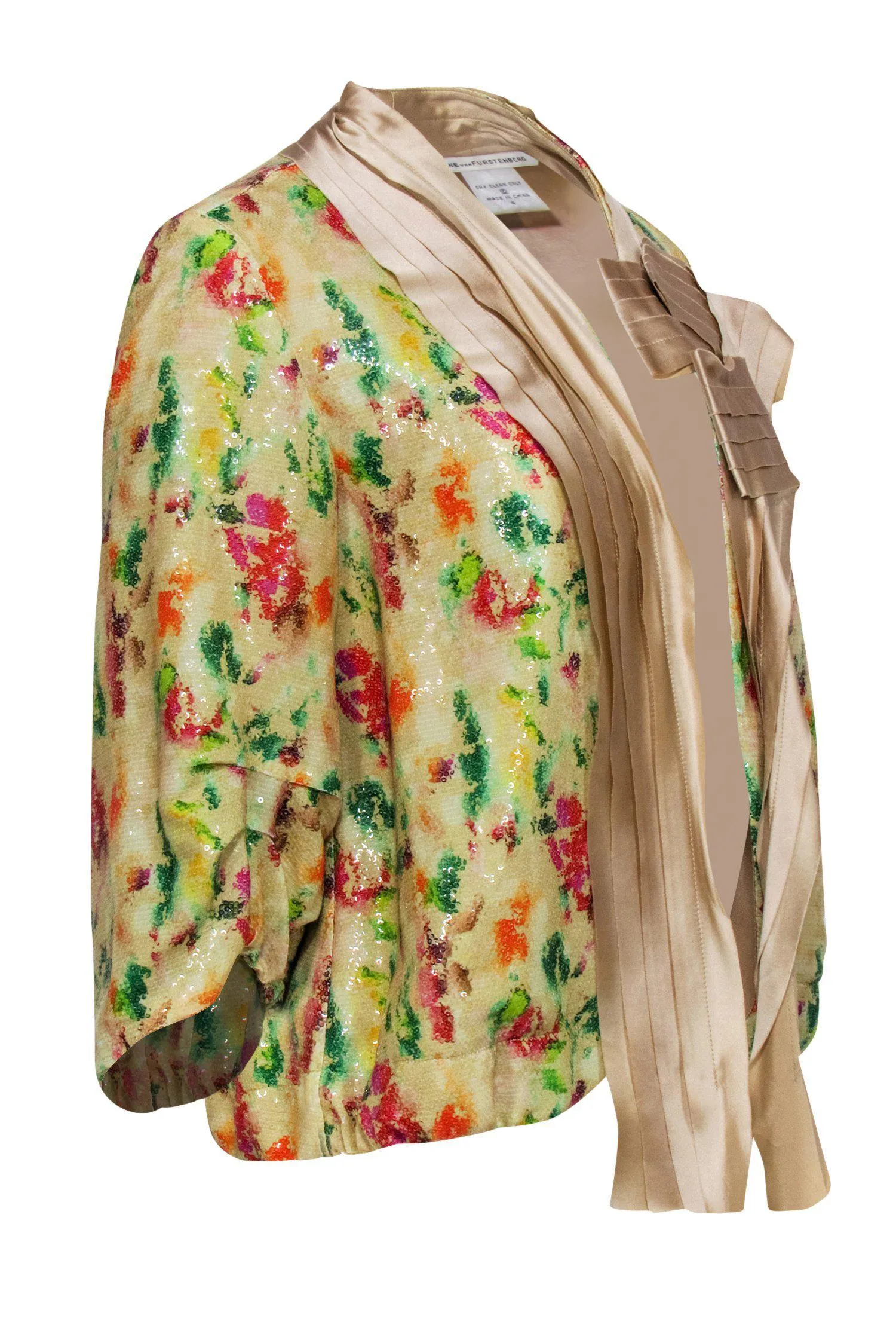 Diane von Furstenberg - Yellow Sequin Floral Print Open Front Jacket w/ Pleated Lapels Sz 4