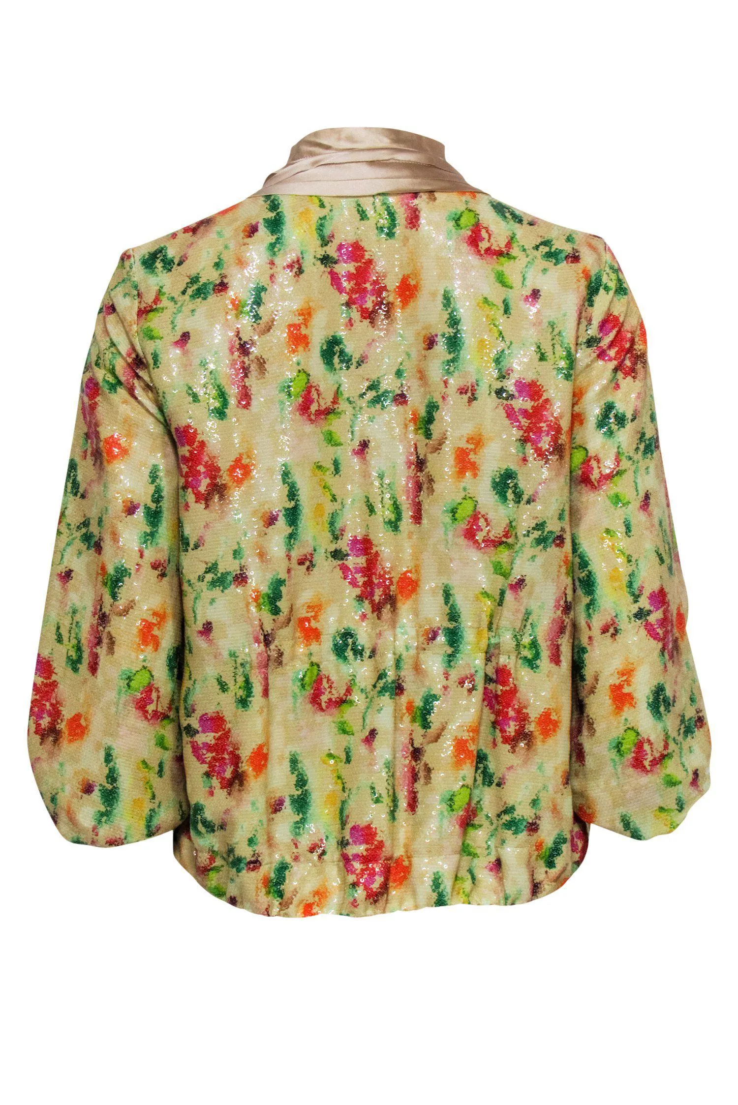 Diane von Furstenberg - Yellow Sequin Floral Print Open Front Jacket w/ Pleated Lapels Sz 4