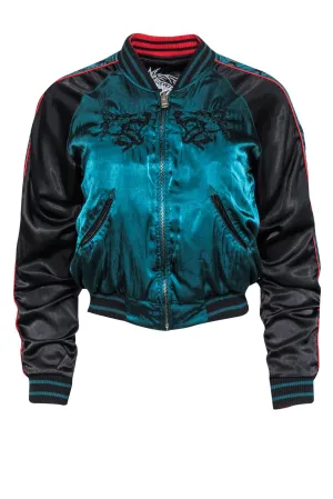Diesel - Forest Green, Black & Red Reversible Bomber Jacket w/ Animal & Star Embroidery Sz XS