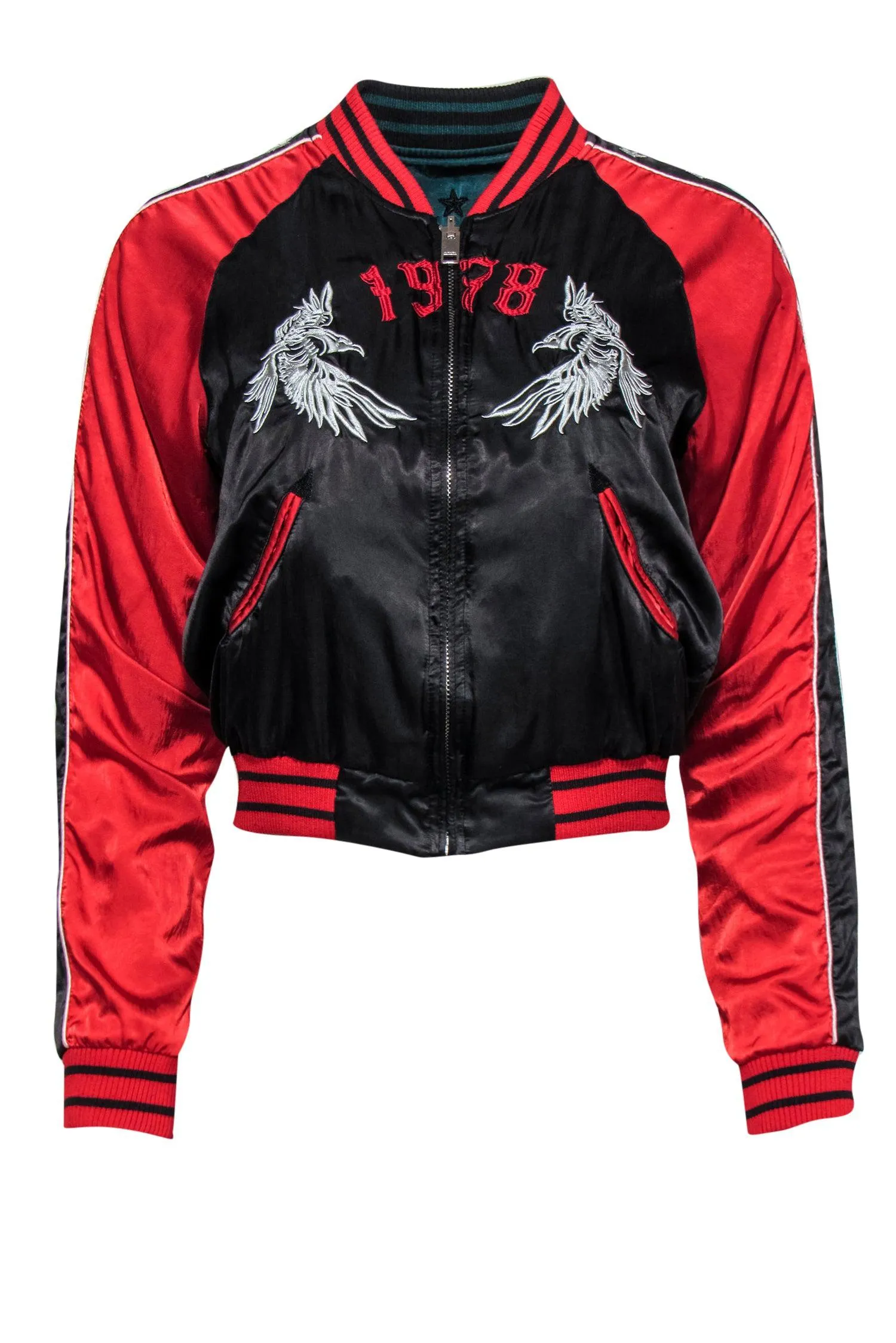 Diesel - Forest Green, Black & Red Reversible Bomber Jacket w/ Animal & Star Embroidery Sz XS