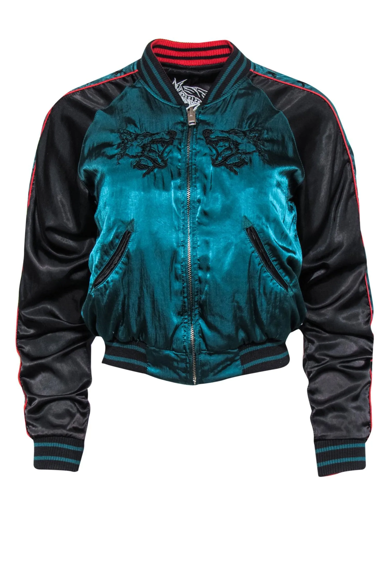 Diesel - Forest Green, Black & Red Reversible Bomber Jacket w/ Animal & Star Embroidery Sz XS