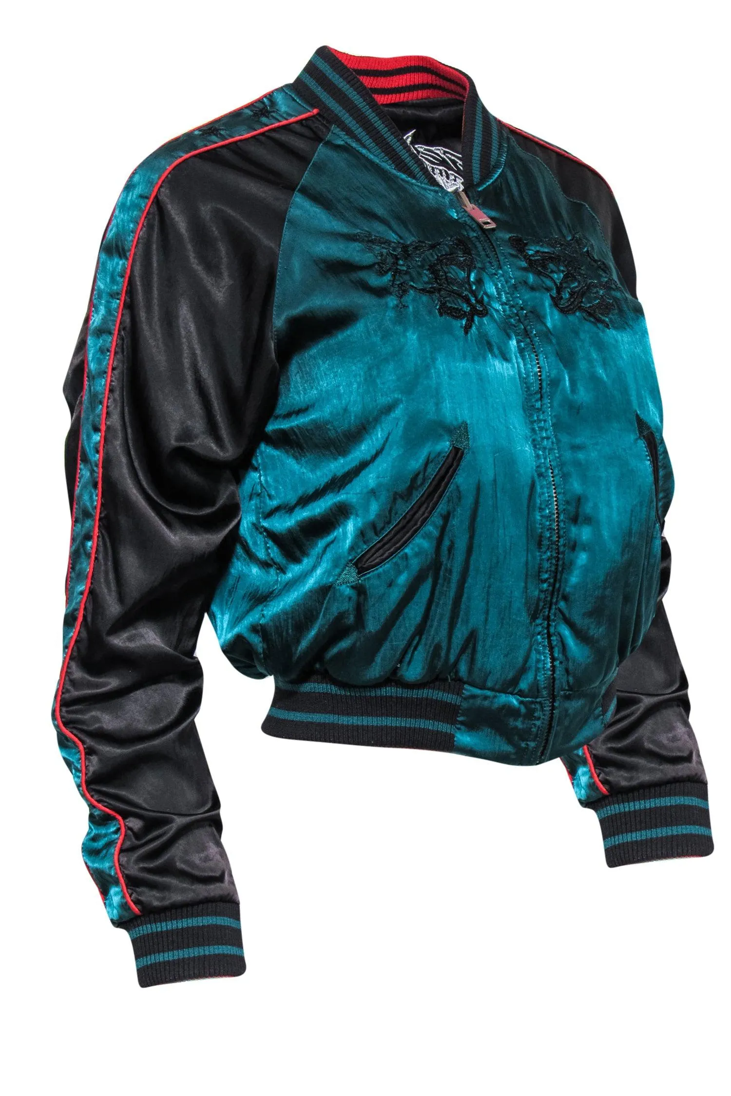 Diesel - Forest Green, Black & Red Reversible Bomber Jacket w/ Animal & Star Embroidery Sz XS