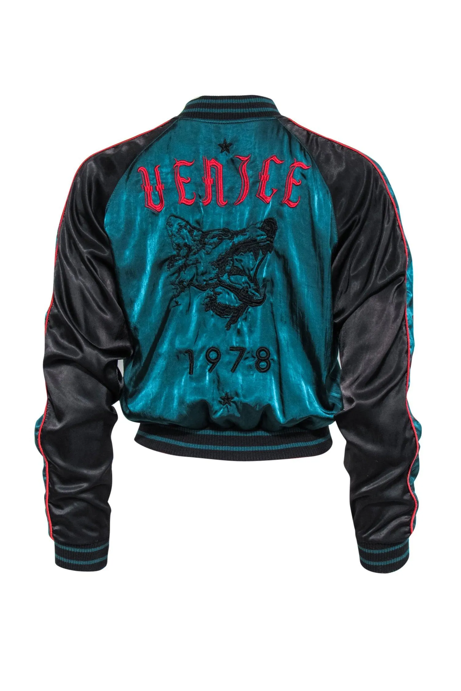 Diesel - Forest Green, Black & Red Reversible Bomber Jacket w/ Animal & Star Embroidery Sz XS