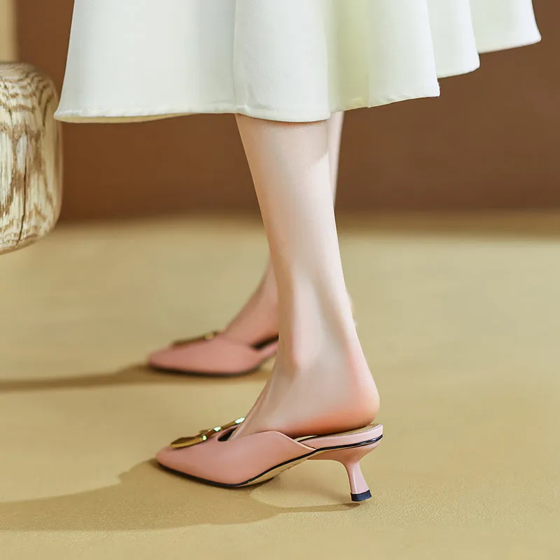 Dora Square Toe Kitten Heel Mules with Chain