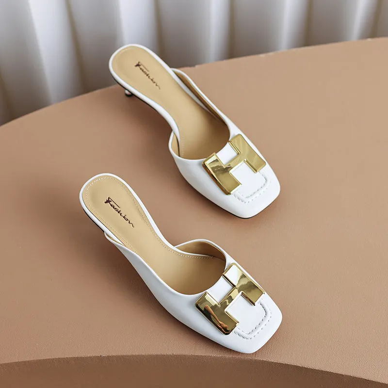 Dora Square Toe Kitten Heel Mules with Chain