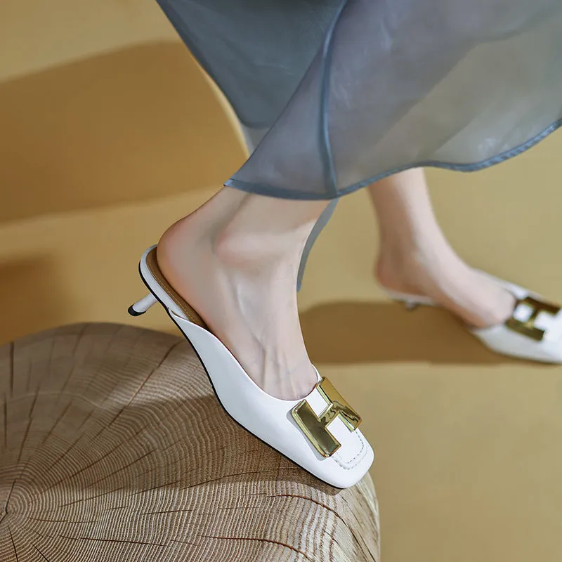 Dora Square Toe Kitten Heel Mules with Chain