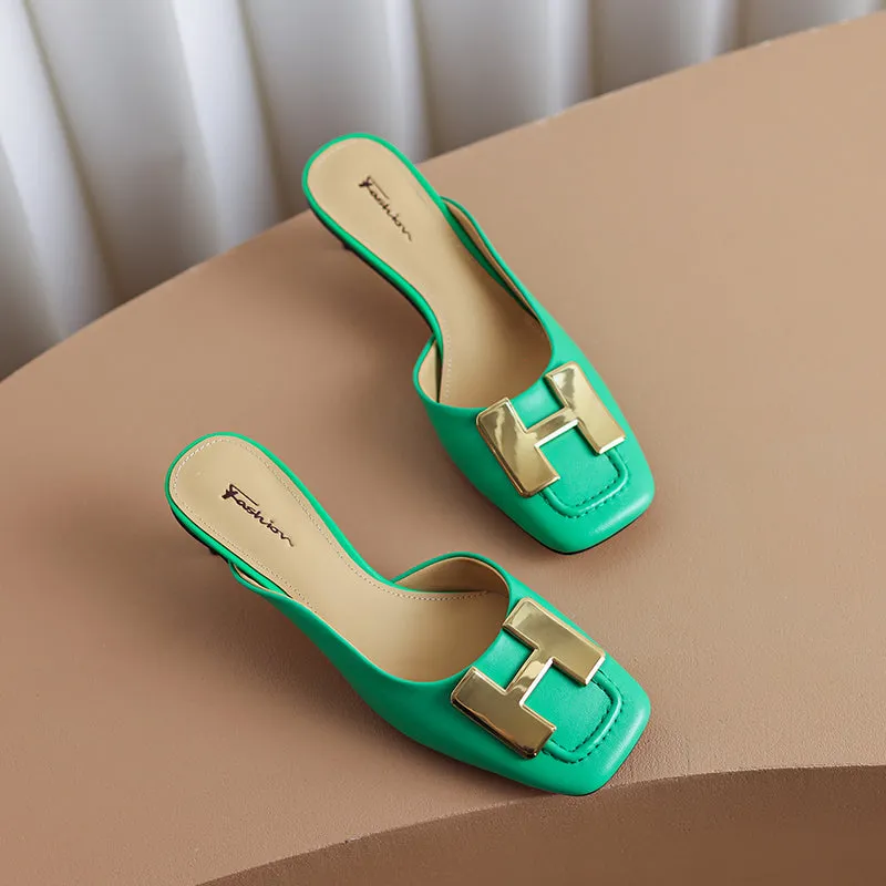 Dora Square Toe Kitten Heel Mules with Chain