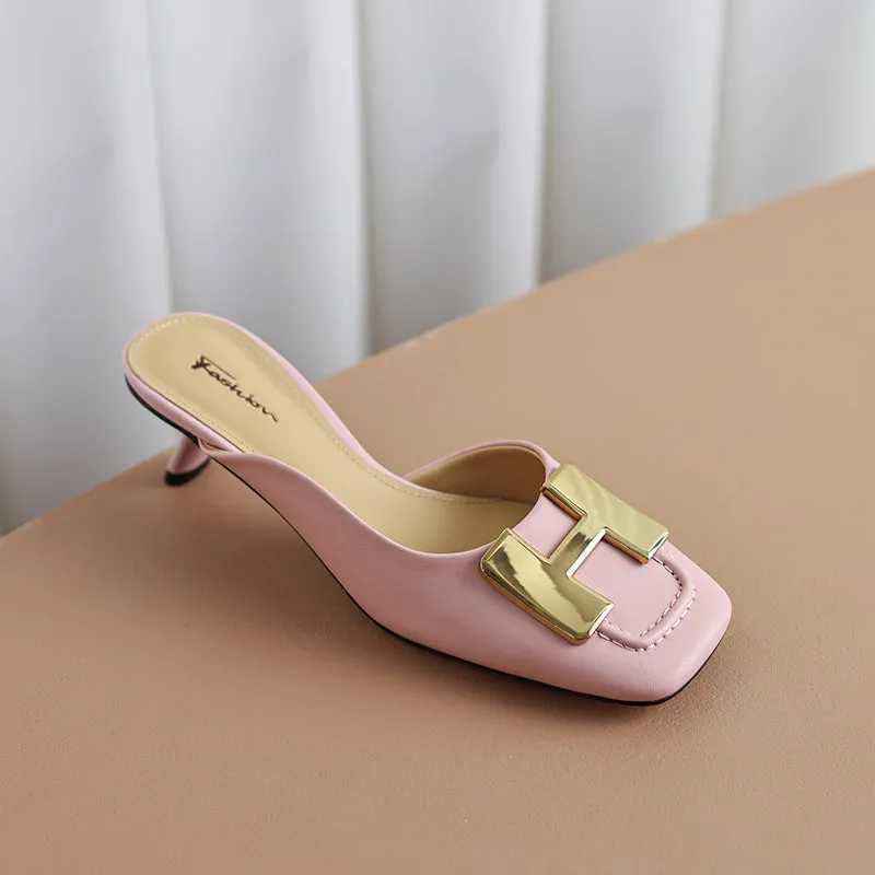 Dora Square Toe Kitten Heel Mules with Chain