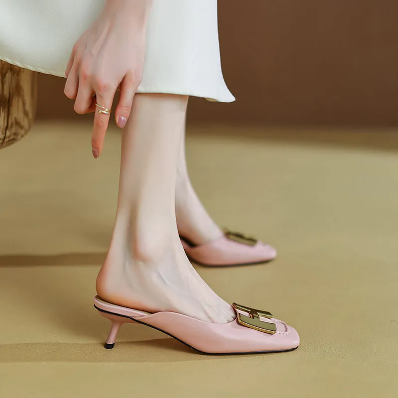 Dora Square Toe Kitten Heel Mules with Chain