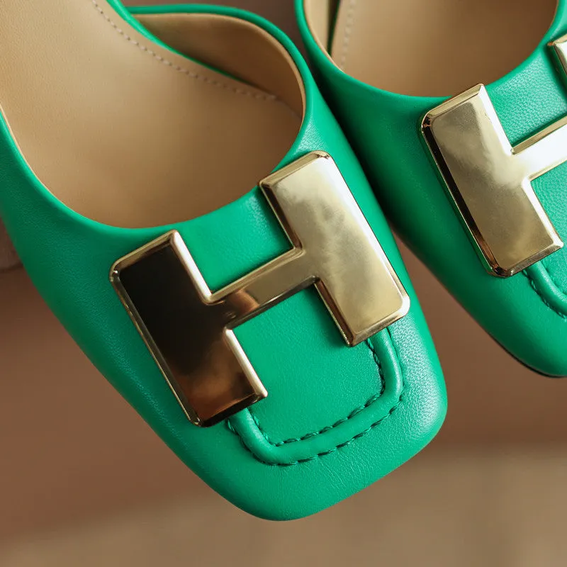 Dora Square Toe Kitten Heel Mules with Chain
