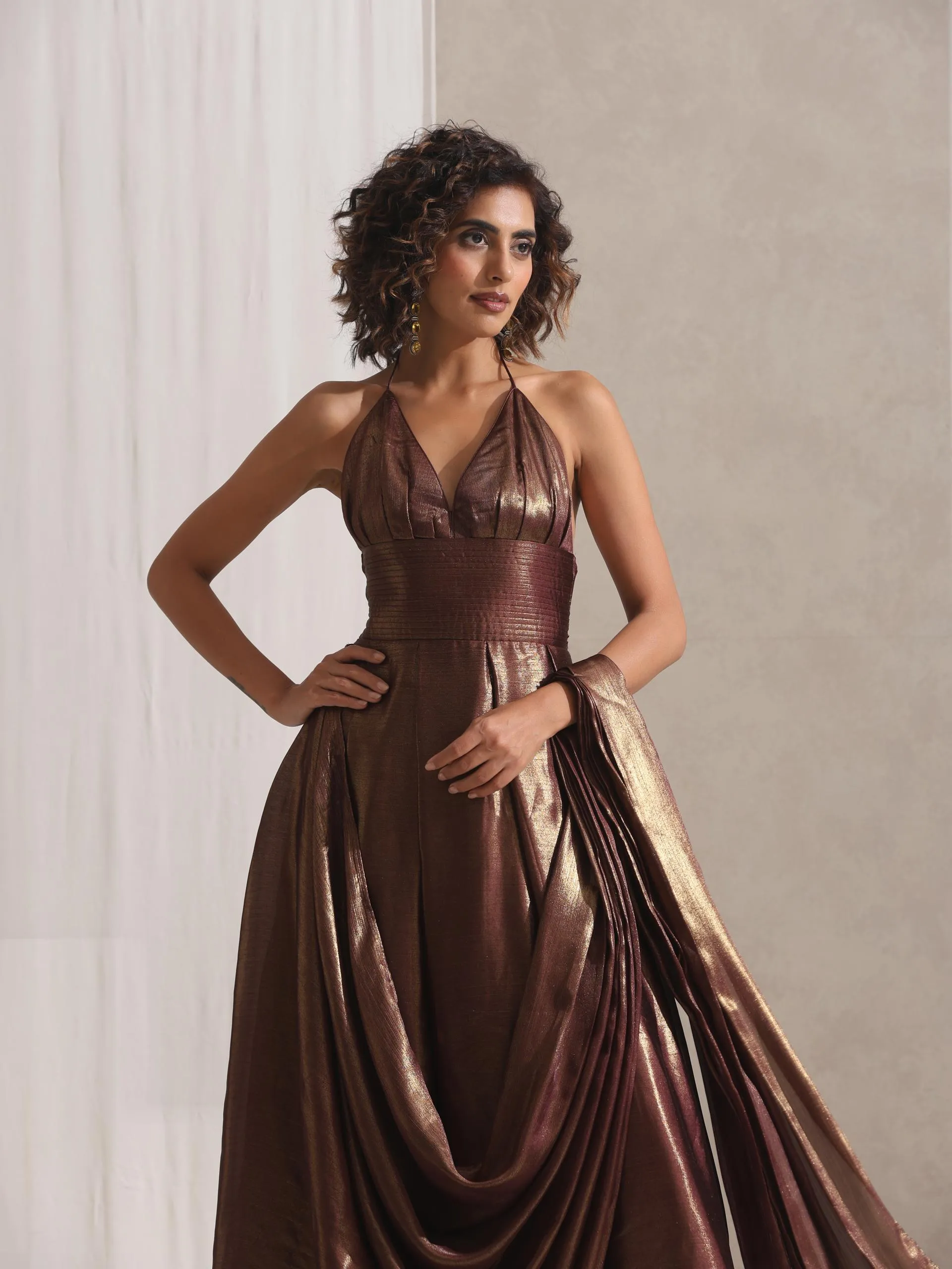 Dripping in Chocolate- 1 Pc Halter Dress Saree with Adjustable Waist in Chocolate Gold Chiffon