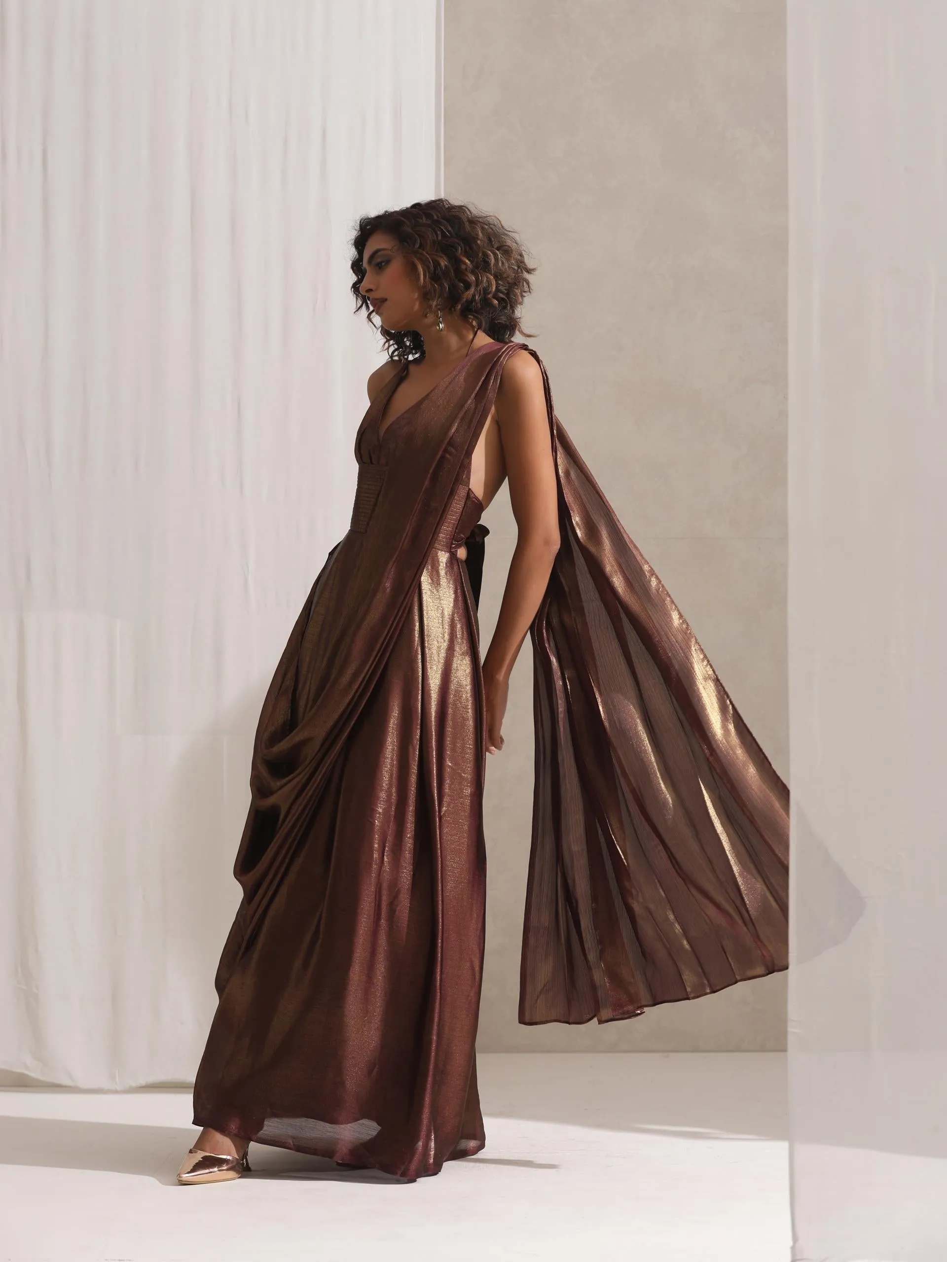 Dripping in Chocolate- 1 Pc Halter Dress Saree with Adjustable Waist in Chocolate Gold Chiffon