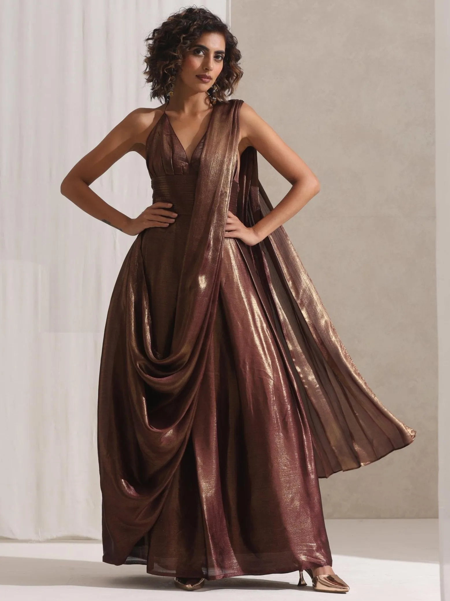 Dripping in Chocolate- 1 Pc Halter Dress Saree with Adjustable Waist in Chocolate Gold Chiffon