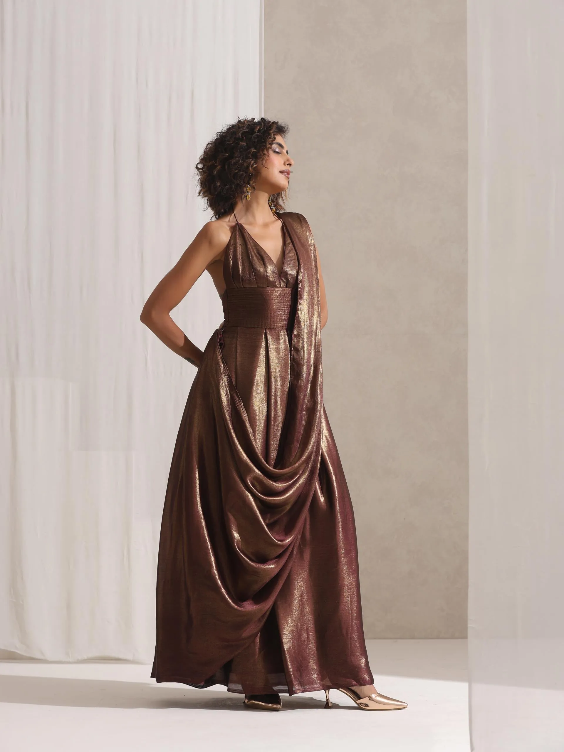 Dripping in Chocolate- 1 Pc Halter Dress Saree with Adjustable Waist in Chocolate Gold Chiffon
