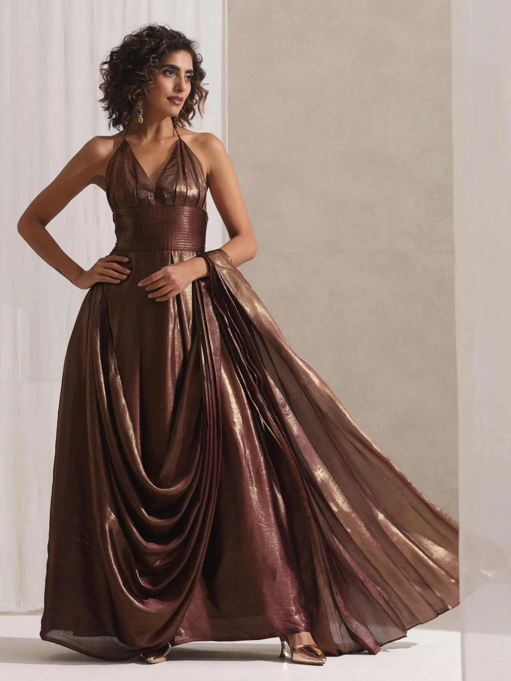 Dripping in Chocolate- 1 Pc Halter Dress Saree with Adjustable Waist in Chocolate Gold Chiffon