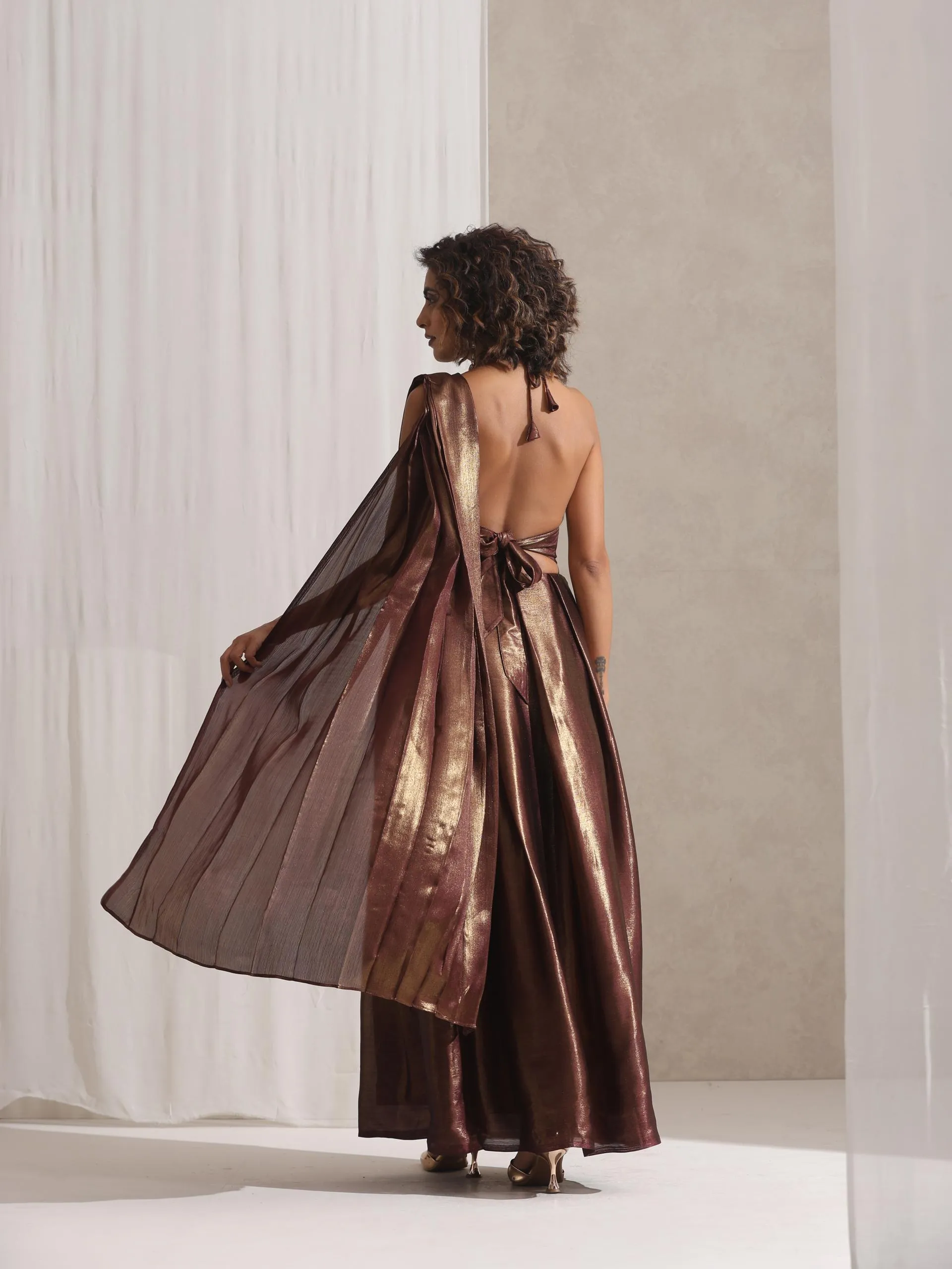 Dripping in Chocolate- 1 Pc Halter Dress Saree with Adjustable Waist in Chocolate Gold Chiffon
