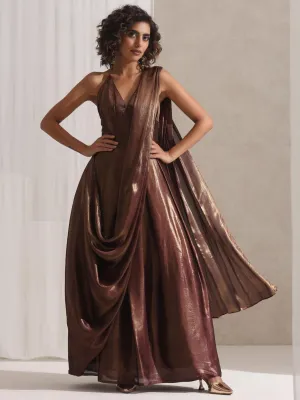 Dripping in Chocolate- 1 Pc Halter Dress Saree with Adjustable Waist in Chocolate Gold Chiffon