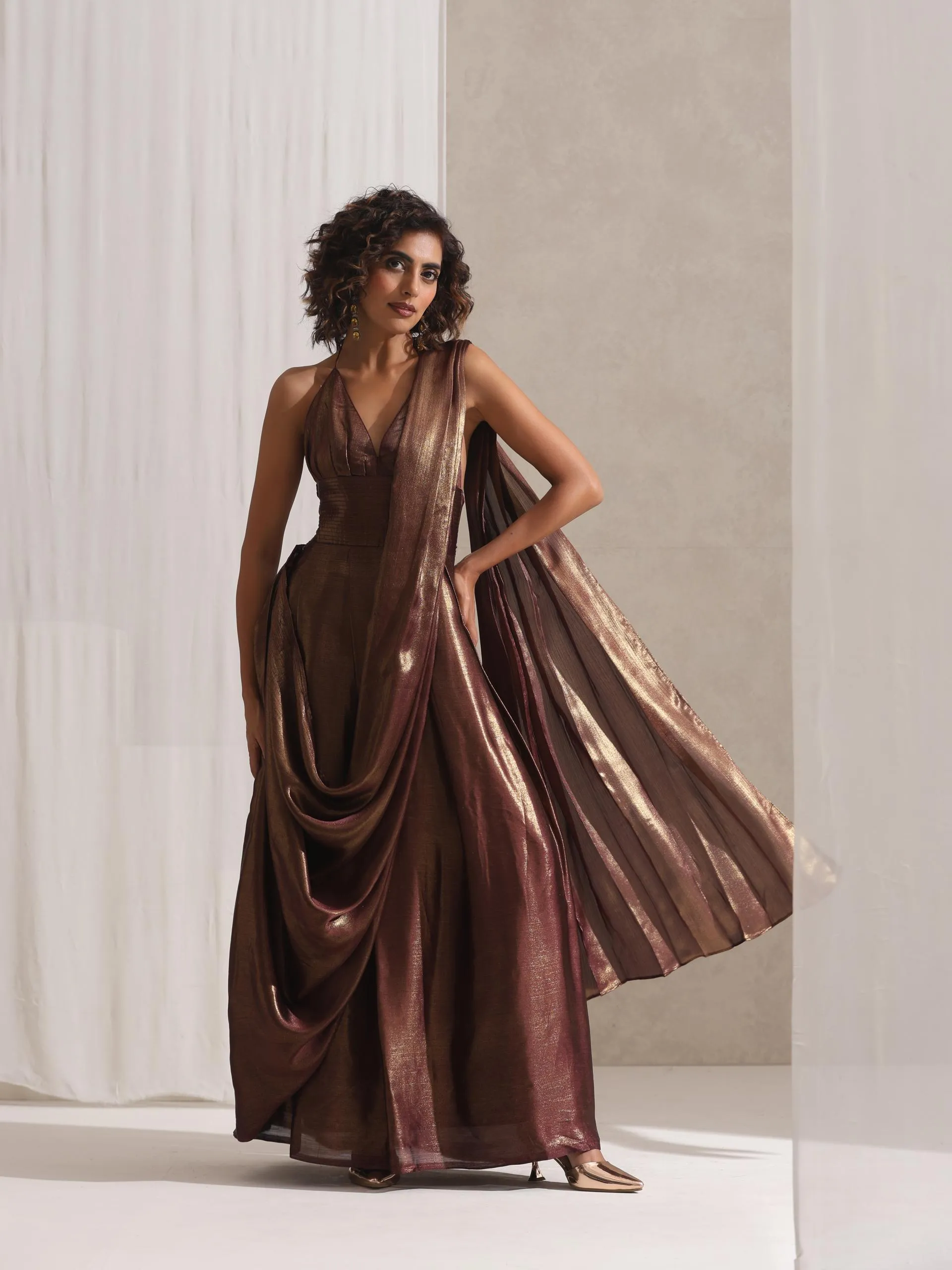 Dripping in Chocolate- 1 Pc Halter Dress Saree with Adjustable Waist in Chocolate Gold Chiffon