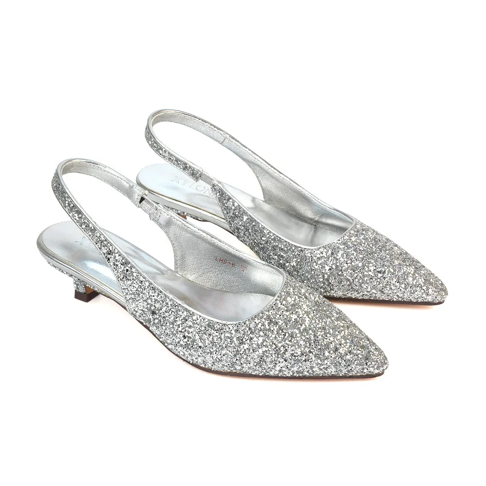 Gerri Pointed Toe Glitter Slingback Kitten Heel Court Shoes in Silver Glitter