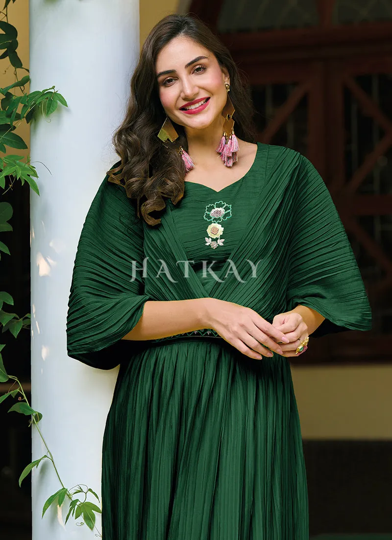 Green Minimalist Embroidered Crushed Gown
