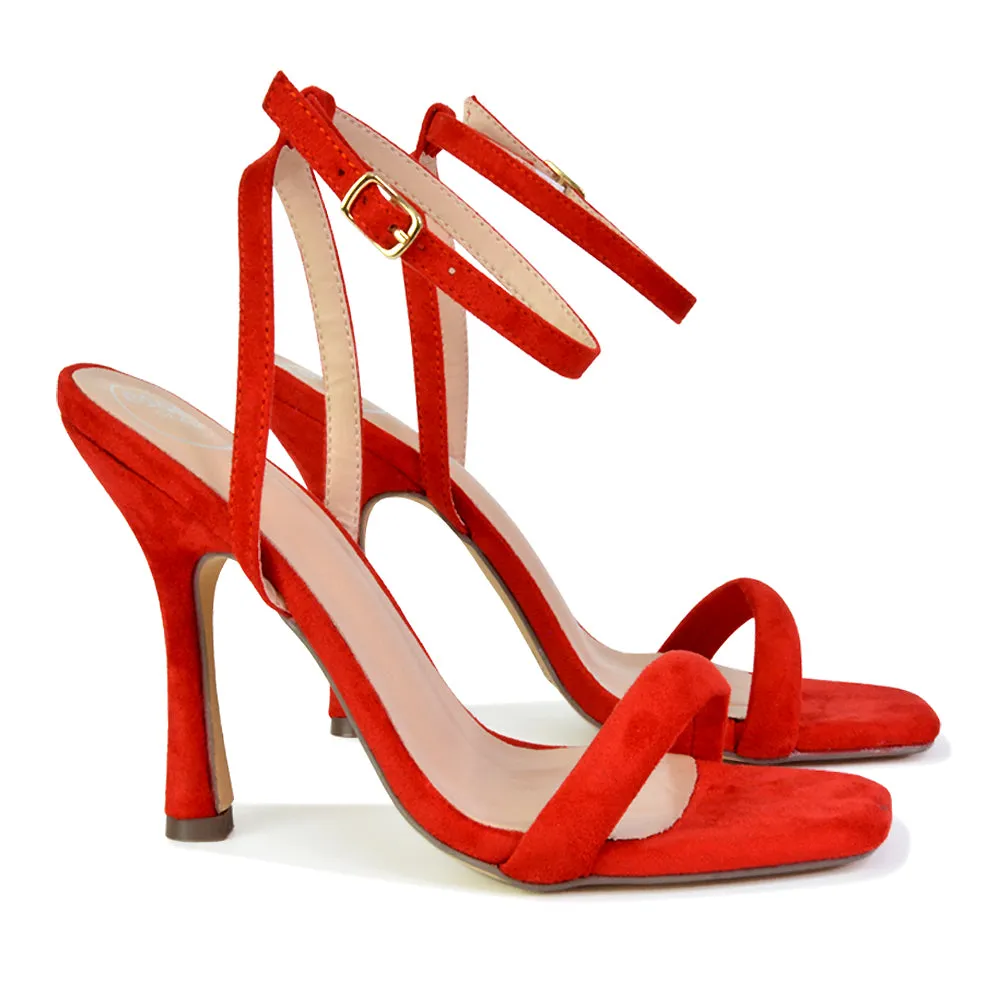 Greta Strappy Square Toe Barely There Stiletto High Heels in Red