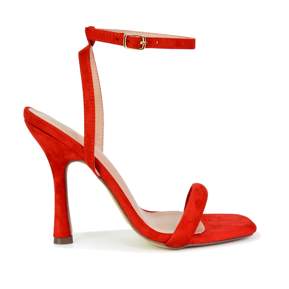 Greta Strappy Square Toe Barely There Stiletto High Heels in Red