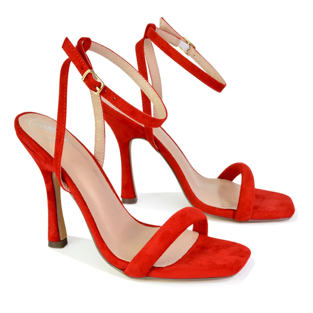 Greta Strappy Square Toe Barely There Stiletto High Heels in Red
