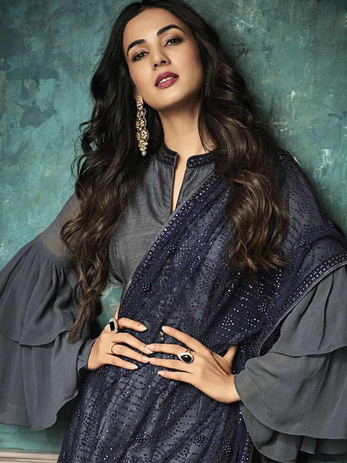 Grey And Blue All Glammed Minimalist Embroidered Flared Anarkali Suit