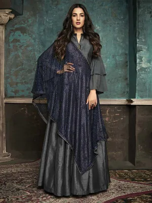 Grey And Blue All Glammed Minimalist Embroidered Flared Anarkali Suit