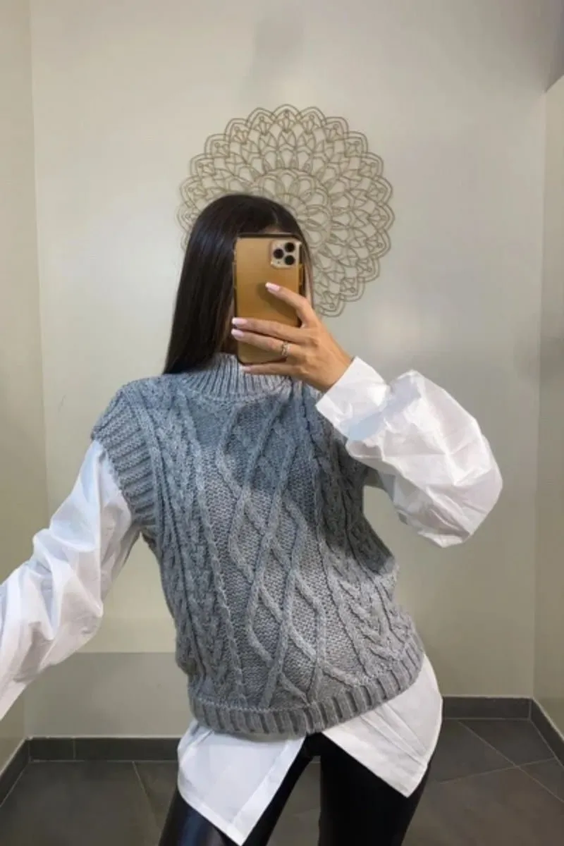 Grey Cable Knit Sleeveless Jumper
