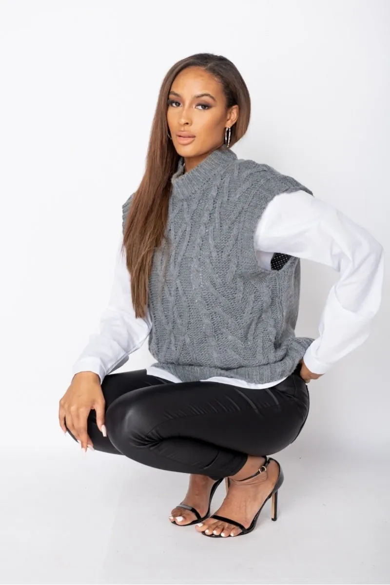 Grey Cable Knit Sleeveless Jumper