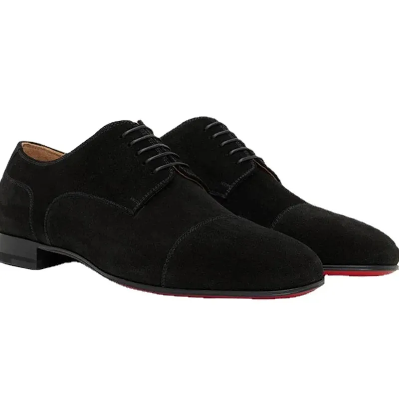 Ilooove New Red Sole Men Shoes Black Flock Derby Shoes Breathable Lace-up Handmade Men Shoes Free Shipping Chaussures Pour Hommes