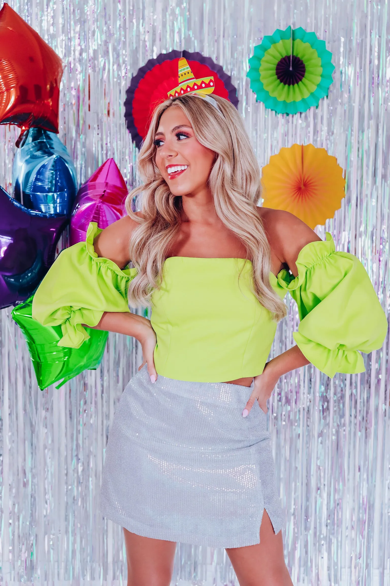 Isabella Off Shoulder Crop Top - Lime