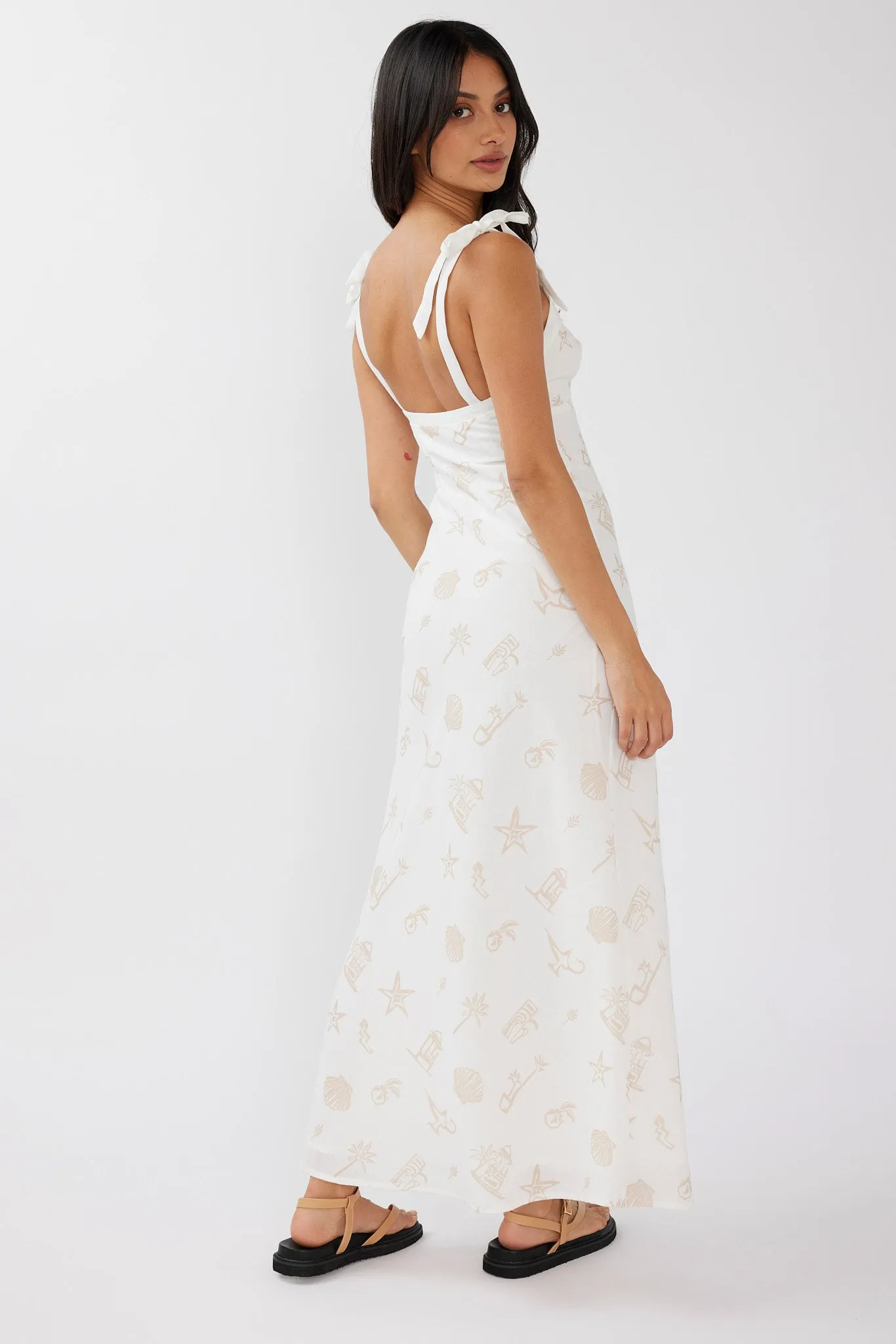 Jaya Tied Shoulder Maxi Dress Print Beige