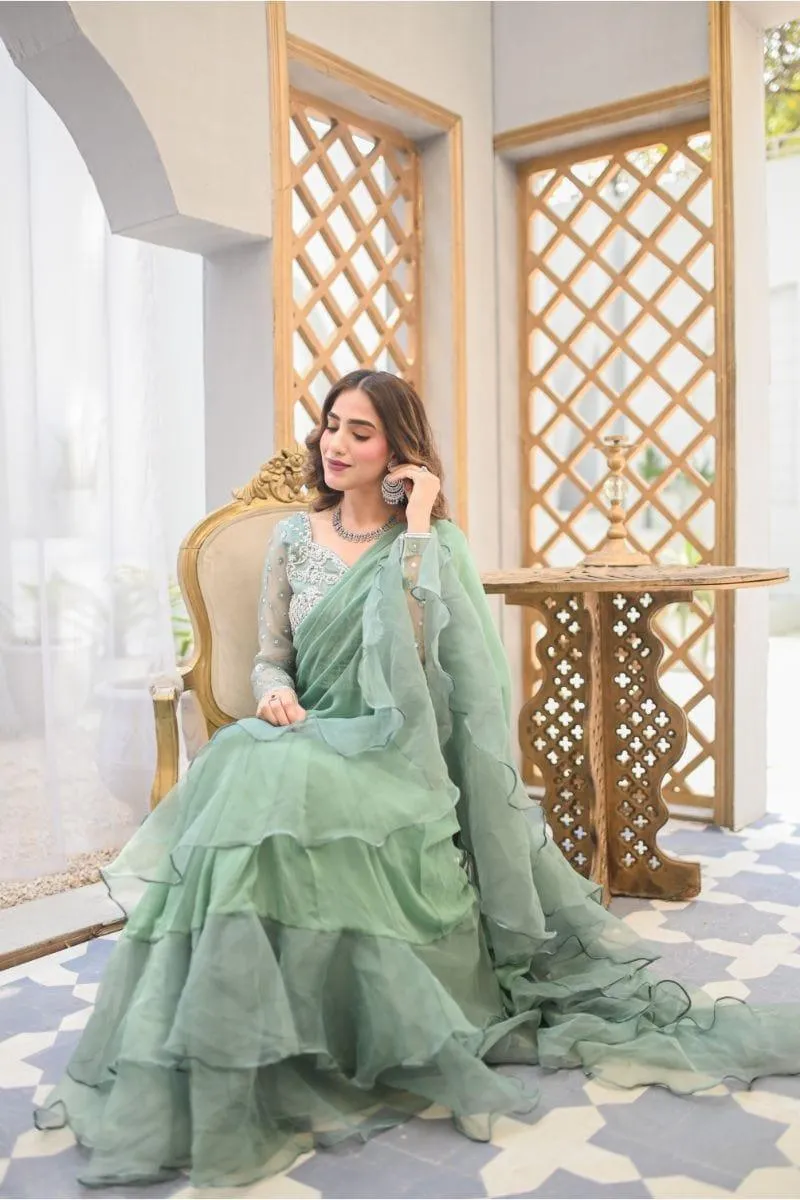 Leon - FERN - Mint Green Chiffon Saree - 3 Piece