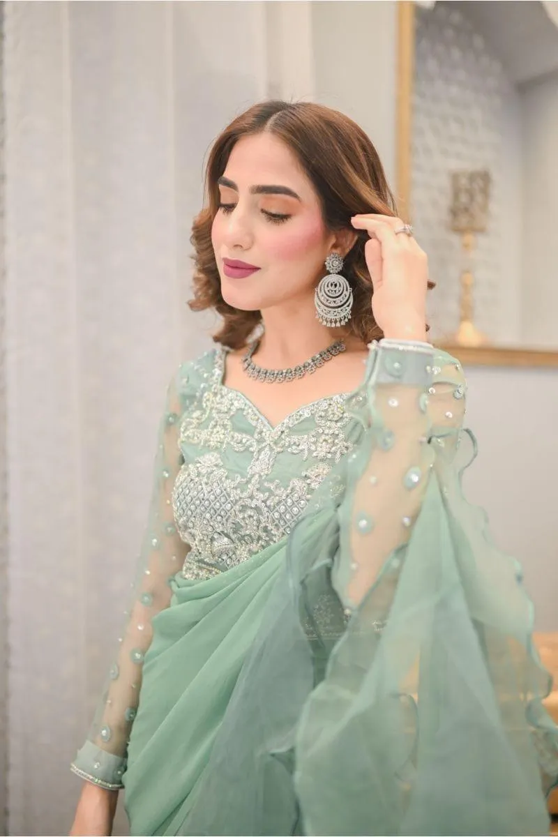Leon - FERN - Mint Green Chiffon Saree - 3 Piece