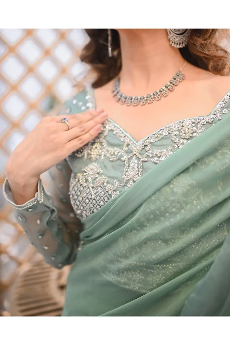 Leon - FERN - Mint Green Chiffon Saree - 3 Piece